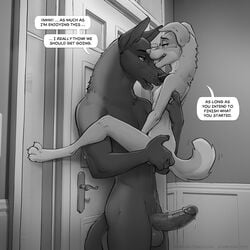 1:1 2020 adam_wan amber_(zaush) anthro anthro_on_anthro balls bedroom_eyes bird_dog bodily_fluids breasts canid canine canis carrying dialogue domestic_dog duo english_text erection female fur genital_fluids genitals glans golden_retriever greyscale half-closed_eyes hi_res humanoid_genitalia humanoid_penis hunting_dog labrador larger_male male mammal monochrome narrowed_eyes nipples nude open_mouth penis pussy_juice retriever seductive size_difference smaller_female smile standing straight text zaush