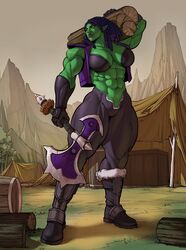 abs axe battle_axe carrying female green_skin hairlocs large_breasts lips muscular_female on_shoulder orc orc_female original r2roh solo tall_female tight_pants tusks vulgora_(xlauncher2)