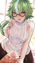 1boy 1boy1girl 1girls after_sex after_vaginal areola_slip areolae bare_shoulders blush breasts cowgirl_position cum cum_in_pussy cum_inside cum_on_penis drugs ejaculation embarrassed faceless_male female female_focus female_on_top genshin_impact ginga_elyka glasses green_hair holding horny long_ponytail looking_at_viewer male male_pov medium_breasts naokomama nipples nipples_visible_through_clothing orange_eyes penis ponytail pov pull_out riding seductive see-through short_hair stockings straight sucrose_(genshin_impact) sweater thighs tongue virgin_killer_sweater young