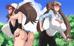 2girls alternate_breast_size big_breasts blush booty_shorts breast breasts breasts_bigger_than_head brown_hair female female_only hilda_(pokemon) huge_breasts large_breasts leaning_forward multiple_girls nanashi_maru nintendo pokemon pokemon_bw pokemon_bw2 rosa_(pokemon) seductive seductive_eyes seductive_look seductive_smile short_jeans teenager thick thick_thighs thin thin_waist top_heavy