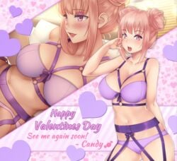 big_breasts bun candace_crush huniepop huniepop_2 lingerie pink_eyes pink_hair valentine's_day