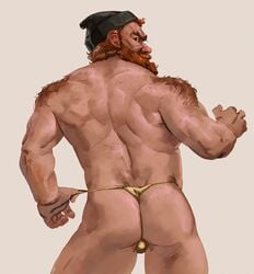 back_muscles back_view bara barazoku beard body_hair crispyy_art dat_ass disney disney_channel facial_hair gay gravity_falls looking_back male_only manly manly_dan muscular_male presenting_hindquarters red_hair thong