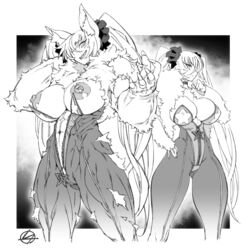 2girls abs animal_ear_fluff animal_ears bajou_takurou blade_&_soul breasts breasts_out censored choker claws closed_mouth collarbone commission covered_nipples eyebrows_visible_through_hair eyes_visible_through_hair fingernails fur_trim greyscale grin hair_over_one_eye hand_on_hip hatching_(texture) long_fingernails long_hair monochrome mosaic_censoring multiple_girls muscle muscular_female navel nipples parted_lips scrunchie sharp_fingernails sharp_teeth shiny shiny_skin signature smile star_(symbol) teeth twintails very_long_hair zipper zipper_pull_tab