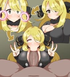 :>= alternate_breast_size blonde_hair cynthia_(pokemon) dark-skinned_male detritus double_v fellatio female heart-shaped_pupils huge_breasts hypnosis male mind_control nintendo oral peace_sign pokemon pokemon_dppt pov v