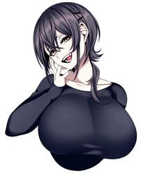 1girls big_breasts black_hair camui_kamui_(hz_666v) cute dark_hair eyelashes eyeliner female female_only huge_breasts large_breasts light-skinned_female light_skin open_mouth original solo teeth tongue white_background yellow_eyes