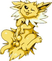 alpha_channel anatomically_correct animal_genitalia animal_penis balls big_knot canid canine canine_penis digital_media_(artwork) eeveelution erection feral genitals jolteon knot looking_at_viewer male mammal nintendo penis pixel_art pokémon_(species) pokemon presenting queenkami sheath simple_background smile solo spread_legs spreading sprite_art tongue tongue_out transparent_background video_games