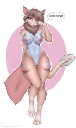 alyona_the_floof anthro breasts canid canine chiropteran clitoris female fox genitals german_text hi_res hierophant_green_(artist) holding_pillow looking_at_viewer mammal nipples one_eye_closed one_leg_up pillow pussy raised_leg solo text