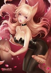 1girls 2boys ahri blonde_hair bunnysuit ezreal heheneko latex league_of_legends looking_at_viewer penis purple_eyes riot_games star_guardian_ahri star_guardian_series tryndamere uncensored