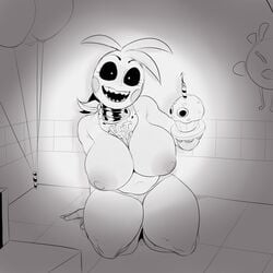 1girls alternate_version_available animatronic anthro bib breasts cleavage clothing cupcake curvy detnox eyelashes female female_only five_nights_at_freddy's grey_background hourglass_figure large_breasts looking_at_viewer monochrome mostly_nude no_bra on_knees open_mouth open_smile panties partially_clothed rosy_cheeks sharp_teeth simple_background solo solo_female teeth thick_thighs topless toy_chica_(fnaf) white_pupils