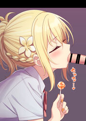 1boy 1girls bar_censor blonde_hair candy censored closed_eyes deadnoodles_(@deadnooodles) eyebrows_visible_through_hair fellatio female flower food grey_shirt hair_flower hair_ornament hetero highres holding holding_candy holding_food holding_lollipop letterboxed light-skinned_female light-skinned_male light_skin lollipop love_live! love_live!_nijigasaki_high_school_idol_club miyashita_ai oral penis ponytail red_neckwear red_ribbon ribbon shirt short_hair short_sleeves solo_focus straight