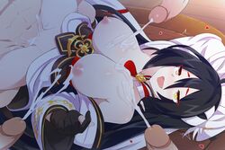 1girls ahoge ara_haan big_breasts big_penis black_hair cum cum_in_ass cum_in_mouth cum_in_pussy cum_inside cum_on_body cum_on_breasts cum_on_face elsword female group_sex open_mouth red_eyes satisfied semen semen_on_body semen_on_breasts sex_slave sollyz tongue tongue_out yellow_eyes