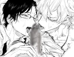 2boys censored cock_hungry cock_worship cum_on_face earrings gay glasses hypnosis_mic iruma_jyuto licking licking_penis male male_only mind_control mosaic_censoring oral oral_sex penis saliva samatoki_aohitsugi threesome yaoi