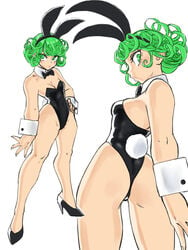 1girls ass_focus back_view bunny_ears bunny_tail bunnysuit cleavage curly_hair detached_collar female female_only green_eyes green_hair heels looking_at_viewer neck_ribbon neckband one-punch_man slit_pupils small_breasts solo solo_female tatsumaki toshinoshin00 very_high_resolution white_background wrist_cuffs