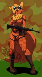 absurd_res anthro bare_chest canid canine clothing eyewear female fishnet fox g-string genitals goggles gun hi_res hybrid mammal masterzoroark666 pussy pussy_floss ranged_weapon rifle soldier_boots solo steampunk_goggles strings underwear weapon