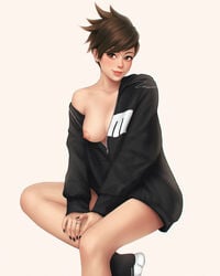 1girls areolae babydoll black_nails blizzard_entertainment bottomless breasts breasts_out brown_eyes brown_hair cute eyeshadow female female_only freckles fringe hoodie legs looking_at_viewer medium_breasts nipples one_breast_out overwatch painted_nails pinup shoes short_hair simple_background slim smile sneakers solo spiky_hair tracer umigraphics umitaro white_background yellow_eyes