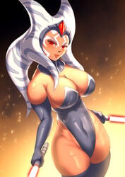 1girls ahsoka_tano ahsoka_tano_(imperial) bunnysuit cleavage dark_side enemy_conversion female female_focus female_only fit_female haryudanto hi_res large_breasts lightsaber long_gloves looking_at_viewer orange_skin red_eyes red_lightsaber simple_background sith sith_eyes sole_female solo star_wars star_wars_rebels thick_thighs tight_clothing togruta voluptuous