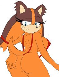 anthro ass badger blue_eyes breasts female frown fur furry huge_breasts large_breasts mammal mustelid musteline nipples simple_background solo sonic_(series) sonic_boom sticks_the_badger sticks_the_jungle_badger sticks_the_tejon superbunnygt