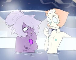 2girls alien alien_girl alien_humanoid amethyst_(steven_universe) average_breasts bath bathhouse bathing blue_nipples blush breast_comparison breast_envy breast_size_difference breasts cartoon_network casual_nudity comparing_breasts embarrassed female flat_chest flat_chested gem_(species) hair_up homosexual homosexual_female hot_spring hot_springs lesbian medium_breasts missgreeney nipples pearl_(steven_universe) ponytail pool purple_skin small_breasts steam steven_universe tiny_breasts water white_skin yuri