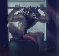 altagrin aroused big_penis breaking_in dripping_precum furry gay male male_only muscular_anthro red_penis tagme teratophilia thehornslounge werewolf wolf yellow_eyes