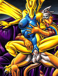 1990s 1999 20th_century 5_fingers anthro anthro_on_anthro anthro_penetrated anthro_penetrating anthro_penetrating_anthro avian balls beak blue_body blue_breasts blue_scales blue_tail breast_grab breasts chair_position claws closed_eyes dragon duo erection feathered_wings feathers female female_on_top female_penetrated fingers foxxfire from_behind_position genitals gryphon hand_on_breast hi_res interspecies male male_on_bottom male_penetrating male_penetrating_female membrane_(anatomy) membranous_wings mythological_avian mythology nipples non-mammal_breasts nude on_bottom on_top open_beak open_mouth penetration penile penile_penetration penis pussy reptile scales scalie sex simple_background spread_legs spreading straight tongue vaginal_penetration white_background wings yellow_body yellow_scales yellow_tail yellow_wings