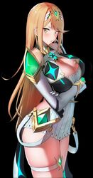 1girls amano_don armor black_background blonde_hair breasts cleavage covered_navel cowboy_shot dress earrings female from_side hair_ornament highres jewelry large_breasts long_hair looking_at_viewer looking_to_the_side mythra necklace nintendo pauldrons short_dress shoulder_armor skindentation solo thigh_strap thighs tiara white_dress xenoblade_(series) xenoblade_chronicles_2 yellow_eyes