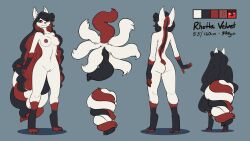 black_body black_fur black_hair breasts canid canine feretta fox fox_spirit fur genitals hair hi_res mammal model_sheet multi_tail no_humans nude pussy red_body red_eyes red_fur red_hair rhetta_velvet simple_background standing tail white_body white_fur