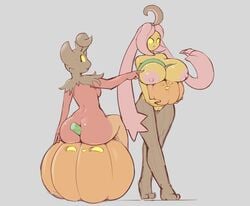 2girls anthro areolae big_ass big_breasts breast_press breasts dibujosv12 flora_fauna gourgeist huge_breasts multiple_girls nintendo nipples plant pokémon_(species) pokemon pumpkaboo pumpkin touching_breast