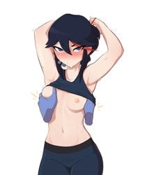 1girls armpits arms_behind_head arms_up blush breast_grab breasts clothed disembodied_hand eyebrows_visible_through_hair female kill_la_kill looking_at_viewer matoi_ryuuko medium_breasts pudgeruffian shaved_armpit shirt_lift topless tying_hair