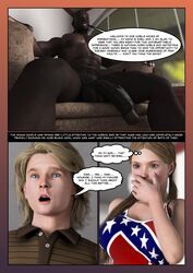 1girls 2boys 3d big_penis blonde_hair confederate_flag dark-skinned_male dark_skin english_text female interracial male moiarte text