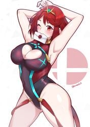 1girls armpits big_breasts blush breasts circlet cleavage cleavage_cutout cutout envelope female female_only hair heart_cutout invitation large_breasts latex letter looking_at_viewer one_eye_closed pyra red_eyes red_hair short_hair smash_invitation solo solo_female super_smash_bros. thick_thighs tinnies wide_hips xenoblade_(series) xenoblade_chronicles_2