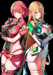 2girls amano_don back-to-back bangs black_background blonde_hair blush breasts chest_jewel cleavage commentary_request covered_navel crossed_arms dress elbow_gloves fingerless_gloves gloves highres horny hotpants jewelry large_breasts leotard long_hair mythra nintendo pyra red_eyes red_hair red_legwear short_shorts shorts sidelocks skindentation smile thigh_strap thighs tiara xenoblade_(series) xenoblade_chronicles_2 yellow_eyes