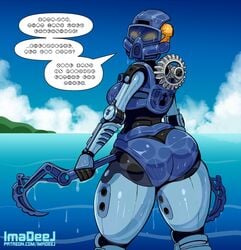 1girls ass ass_cleavage big_ass bionicle black_body blue_armor butt butt_crack dat_ass dripping female female_only fictional_language gali imadeej lego looking_at_viewer looking_back mask matoran_text_(bionicle) mechanical ocean orange_eyes outdoors robot robot_girl thick thick_thighs water wet