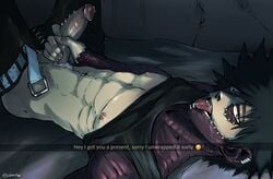 1boy abs artist_name bare_chest bare_midriff belt belt_unbuckled black_hair blue_eyes burn_scar dabi genital_piercing genitals hand_on_penis ldnsfw lying lying_on_back male_only masturbation my_hero_academia nipples open_mouth pants pants_down penis penis_out piercing pubes pubic_hair scar scars solo solo_focus solo_male tank_top tank_top_lift text todoroki_touya tongue tongue_out touya_todoroki white_pubes