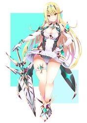 1girls absurdres blonde_hair breasts daive elbow_gloves female gloves highres large_breasts mythra nintendo panties pantyshot skindentation sword underwear weapon xenoblade_(series) xenoblade_chronicles_2 yellow_eyes