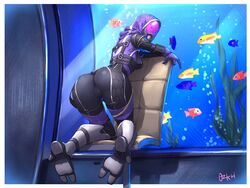 1girls apple_butt aquarium arched_back ass bioware bodysuit chair fish glowing_eyes helmet hoodie kneeling leaning looking_at_viewer looking_back mass_effect ozkh pinup quarian sideboob skin_tight solo solo_focus tali'zorah_nar_rayya