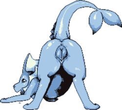 alpha_channel animal_genitalia animal_pussy anus ass ass_up bodily_fluids canid canine canine_pussy digital_media_(artwork) eeveelution female feral genital_fluids genitals looking_at_viewer looking_back low_res mammal nintendo open_mouth pokémon_(species) pokemon presenting presenting_hindquarters presenting_pussy pussy pussy_juice queenkami raised_tail rear_view simple_background smile solo spread_legs spreading sprite transparent_background vaporeon video_games