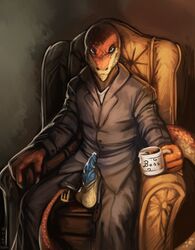 absurd_res anthro balls beverage bodily_fluids clothed clothing coffee crius cum genital_fluids genitals grin hi_res male male_only penis quirachen reptile scalie serpentine smile snake solo