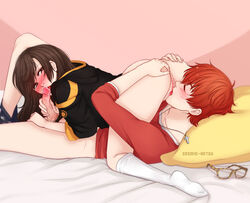 1boy 1boy1girl 1girls 69_position 707_(mystic_messenger) ass bed blowjob blush bottomless brown_hair butt closed_eyes clothed color colored cosmic_artsu cunnilingus fellatio female glasses_removed half-dressed laying_down laying_on_bed licking_penis licking_pussy looking_back looking_pleasured main_character_(mystic_messenger) male male_and_female_focus male_focus mystic_messenger on_bed oral oral_sex partially_clothed penis photo pussy red_hair socks straight sweatshirt uncensored wholesome