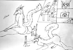 absurd_res anal animal_dildo animal_sex_toy anthro artist_request ass big_butt bsan94 dildo duo equine_dildo female female/female friends heart hi_res monochrome sergal sex_toy text vixen yuri