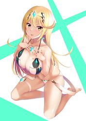 1girls :p absurdres barefoot bikini blonde_hair breasts chest_jewel collarbone daive earrings eyebrows_visible_through_hair female full_body gem headpiece highres jewelry kneeling large_breasts leg_garter long_hair looking_at_viewer mythra nintendo solo swimsuit tongue tongue_out white_bikini xenoblade_(series) xenoblade_chronicles_2 yellow_eyes