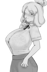 1girls 2020 animal_crossing berserkert blush bra breasts greyscale highres huge_breasts human humanized isabelle_(animal_crossing) looking_at_viewer naughty_face nintendo see-through see-through_bra shushing smile straight unbuttoned wink