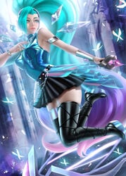 ally_loren aqua_eyes aqua_hair clothed high_heels k/da_all_out_seraphine k/da_all_out_series k/da_series league_of_legends looking_back seraphine_(league_of_legends) small_breasts wedge_(footwear) wedge_boots wedge_heels