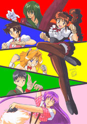 2003 6girls ayako_yuuki bandage bandaged_hand bandages bare_arms bare_shoulders bashamichi black_hair black_lipstick blonde_hair blue_eyes blue_nails bow bowtie braid brass_knuckles breasts bronze_parrot brown_eyes brown_gloves brown_hair bunny_ears bunny_girl closed_eyes clothed clothing collar corset crop_top dated detached_collar earrings erilin_goldsmith eyebrows_visible_through_hair fake_animal_ears fan female female_only fighting_stance fingerless_gloves frills fully_clothed gloves green_hair grin hairband holding_fan jewelry kicking kimono kirishima_kyoko lipstick long_hair looking_at_viewer makeup matching_hair/eyes medium_breasts mitsurugi_tamao mole mole_under_eye multiple_girls nail_polish open_mouth pantyhose pink_lipstick plaid plaid_shirt ponytail pose purple_hair raised_leg red_clothing red_eyes ribbon shinjou_saki shirt shoes short_hair sidelocks signature single_braid skirt smile standing standing_on_one_leg suit teeth tied_hair tongue uniform variable_geo very_long_hair waitress white_gloves wrist_cuffs wristband yabuki_jio yajima_satomi