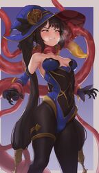 asphyxiation breasts female genshin_impact leotard mona_(genshin_impact) mulberrybra pantyhose strangling tentacle tentacle_rape tongue tongue_out