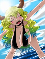 1girls 2017 antlers arms_spread beach black_topwear blush blushing_at_viewer breasts closed_eyes cloud clouds colored_hair dragon fanart female female_focus female_on_top female_only female_solo hi_res highres huge_breasts humanoid knees leaning leaning_forward legs long_hair lucoa miss_kobayashi's_dragon_maid open_mouth quetzalcoatl_(dragon_maid) sexy_beach shiny shiny_breasts shiny_hair shiny_skin shoulders sky smile smiling_at_viewer solo solo_female solo_focus sseanboy23 sun sunlight swimwear water wet wet_body wet_breasts wet_skin