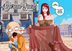 1boy 1girls animated comic dress english_text erza_scarlet fairy_tail gif imminent_sex legs makarov_dreyar nude patreon pussy speech_bubble super_melons