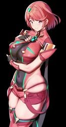 1girls amano_don breasts covered_navel female gauntlets gloves hair_ornament highres jewelry large_breasts necklace nintendo pyra red_eyes red_hair red_shirt shirt shorts skin_tight skindentation thighhighs tiara xenoblade_(series) xenoblade_chronicles_2