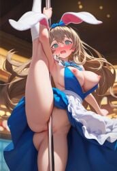 @_@ ai_generated alice_in_wonderland alice_liddell blush bunny_ears dress embarrassed female full-face_blush indoors large_breasts legs_up nightclub nipple_slip no_panties open_mouth playboy_bunny pole_dancing pussy_peek stage tagme wavy_mouth