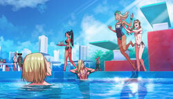 1girls alex_(tekuho) androgynous bikini bimbo black_hair blonde_hair blue_one-piece_swimsuit blue_sky blue_swimsuit candy_(tekuho) chris_(tekuho) city cityscape cloud day denise_(tekuho) diving_board ethan_(tekuho) femboy hair_over_one_eye in_water male_focus micro_bikini multiple_boys original outdoors outside panty_bulge ponytail pool school_swimsuit sky sling_bikini sunlight swimsuit tagme tekuho trap twintails water water_park