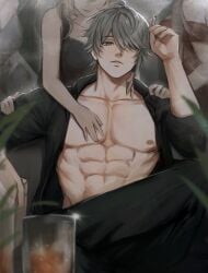 1boy 1girls abs alhaitham_(genshin_impact) bare_chest cigarette female genshin_impact hair_over_one_eye lumine_(genshin_impact) male male_focus muscular muscular_male nokkusuart open_clothes open_shirt pecs pectorals smoking touching touching_chest touching_pecs